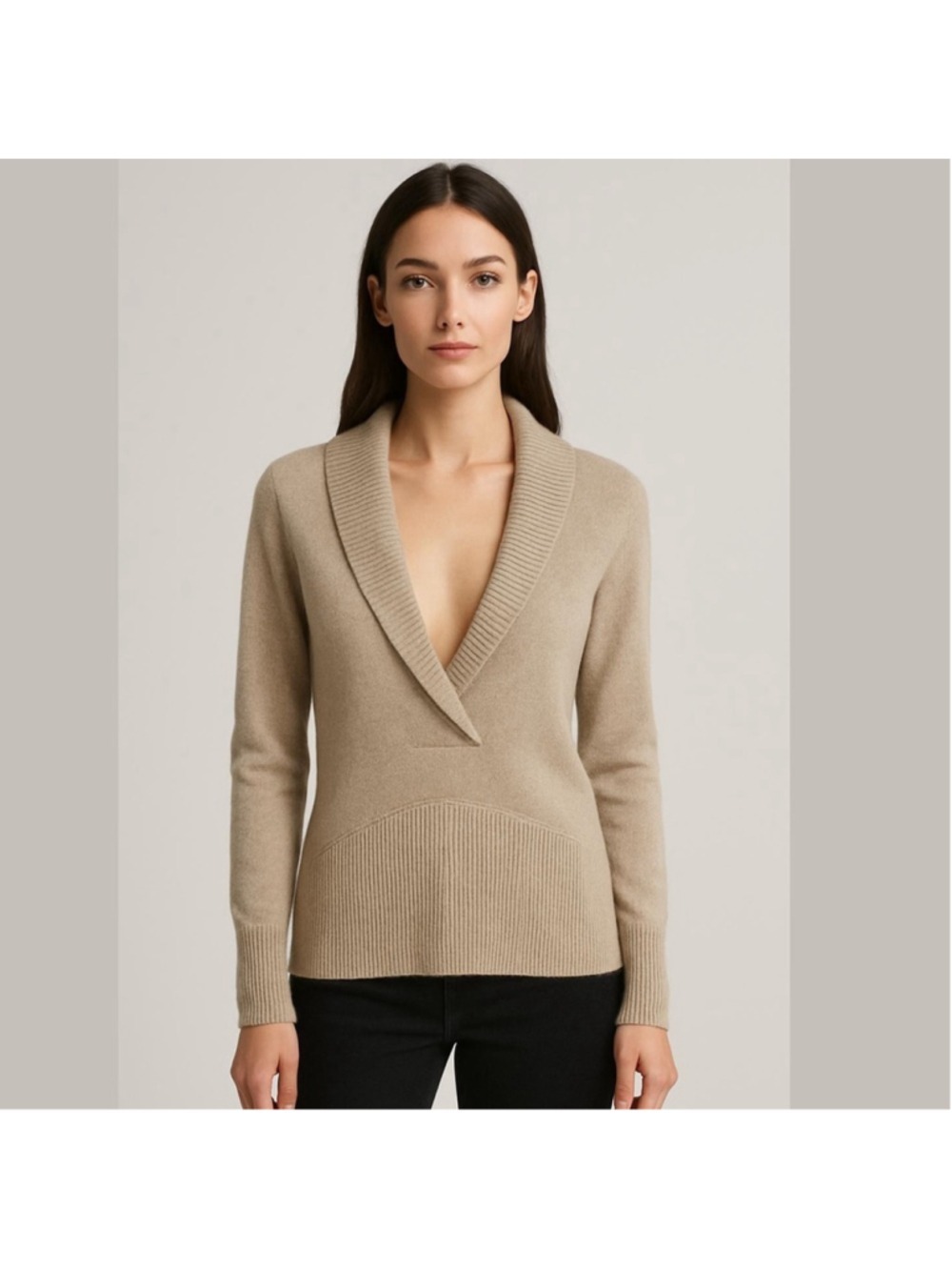 Ferrante Italy 100% Cashmere Beige Shawl Collar Sweater Size M